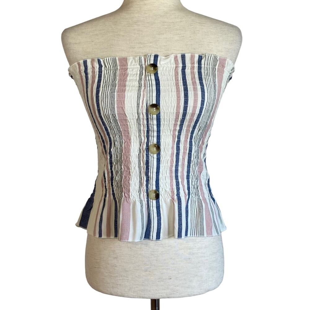 Style Envy Striped Button-Up Crop Top - Pink, Blue, White